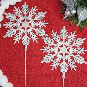 White Snowflake x2 Picks HANDMADE w SILVER accent confetti and glitter